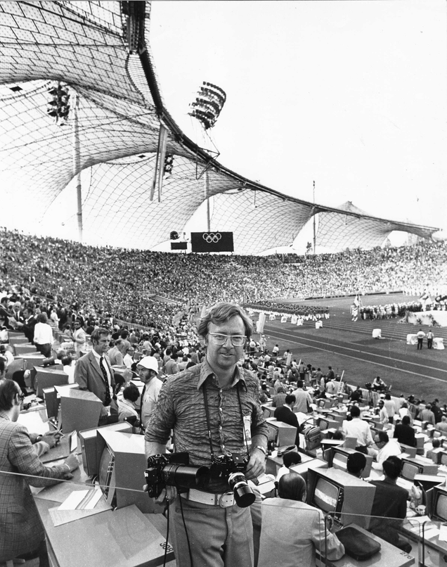 McPhedran poses in the Olympic Stadium in Munich, taken by the AP’s Peter Kemp. From McPhedran’s private collection.